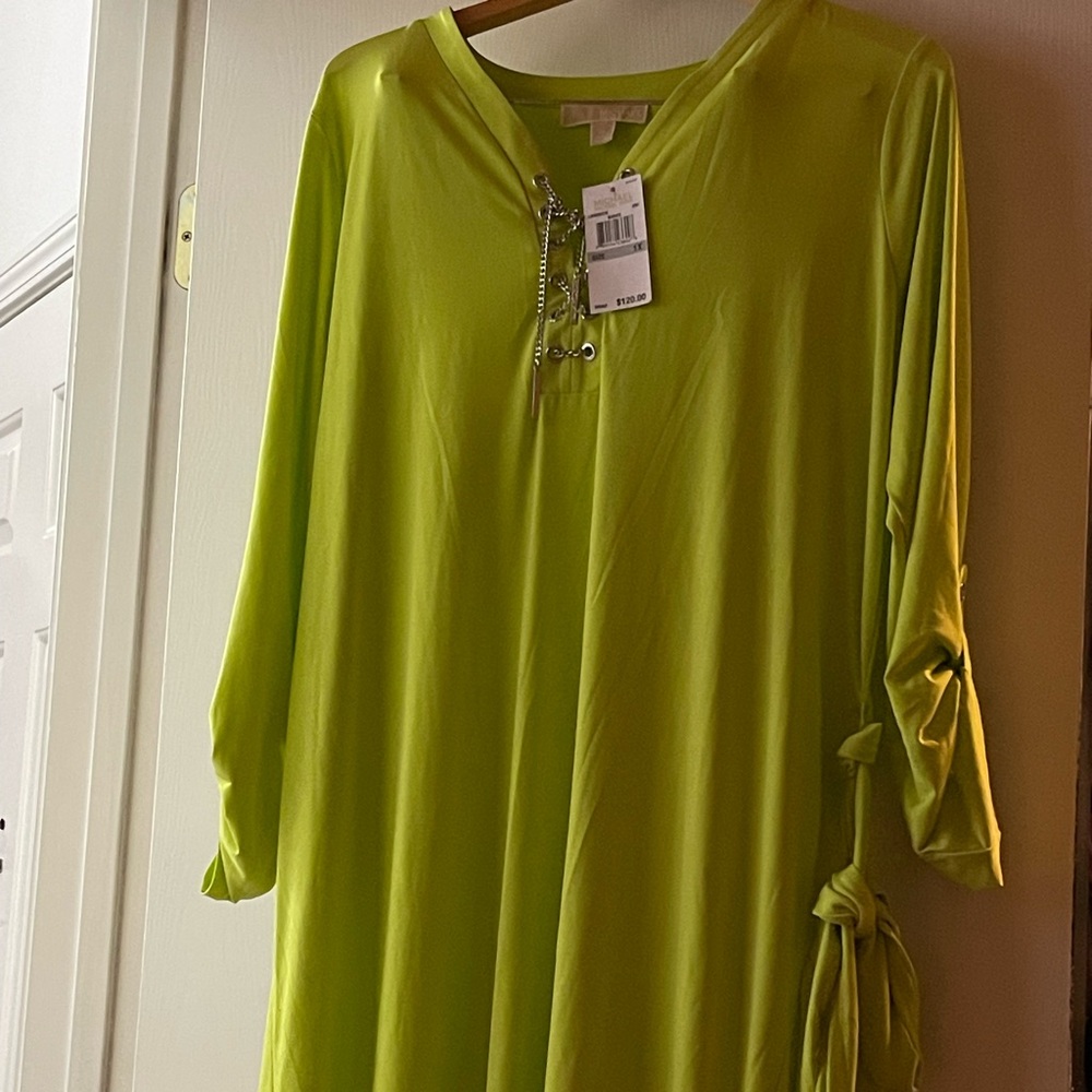 MICHAEL KORS HOT neon Lime Green Tunic shift dress with Lace-Up Detail plus 1X